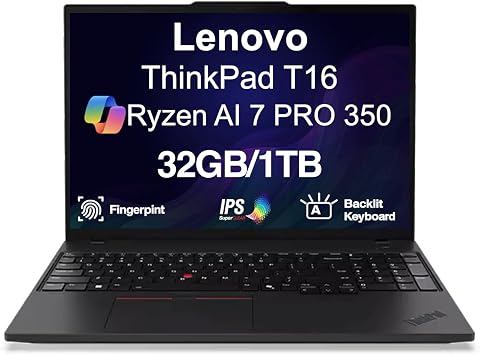 Lenovo ThinkPad T16 Gen 4 Copilot+ Business Laptop 16" FHD+ IPS Display | AMD Ryzen AI 7 PRO 350 (> Ultra 7 255U), 32GB DDR5, 1TB SSD, Backlit KB, Fingerprint, 2 Thunderbolt 4, IR Webcam, Win11Pro